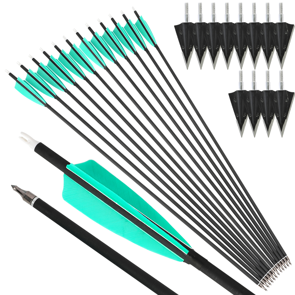 28" Spine 500 Mixed Carbon Arrows with Water Blue Feathers and Black Dragon Tips 12pcs