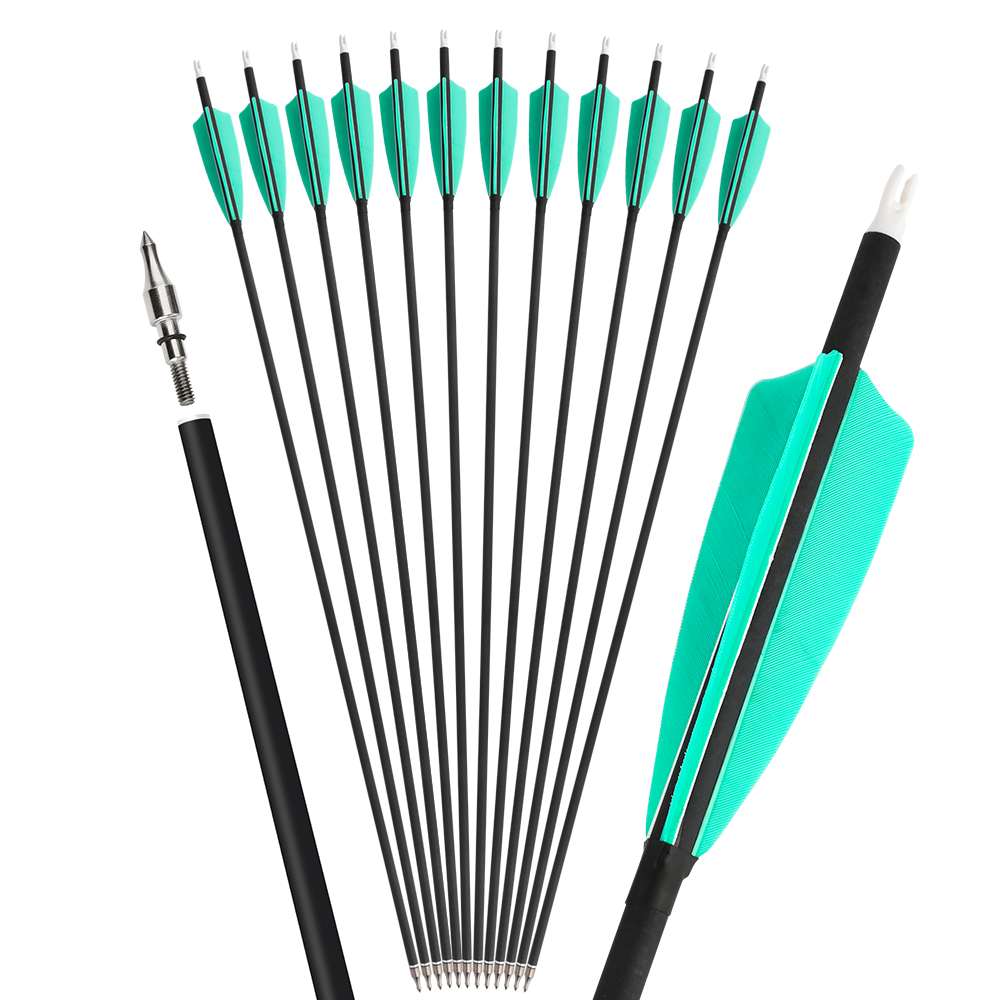 28" Spine 500 Mixed Carbon Arrows with Water Blue Feathers and Black Dragon Tips 12pcs