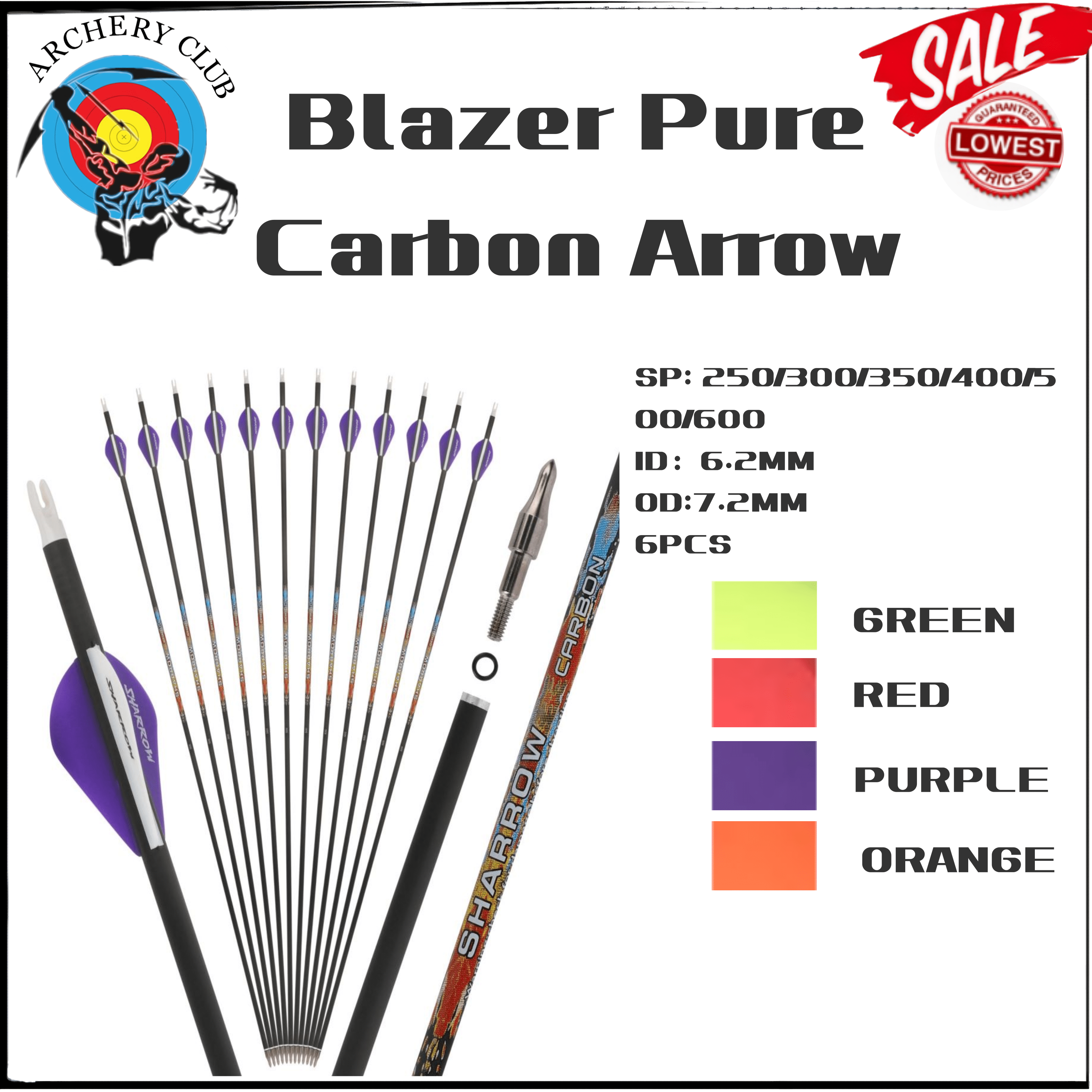 6PCS SHARROW Colorful Blazer Pure Carbon Arrow
