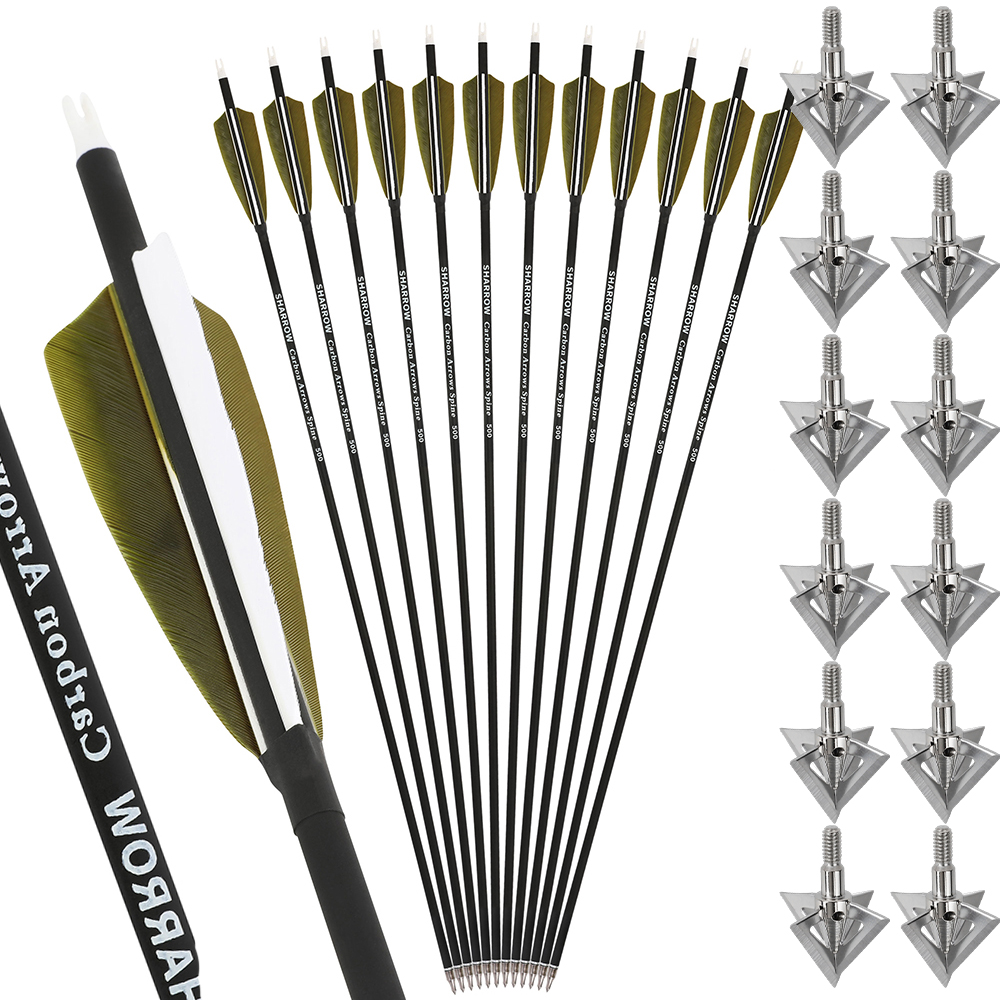 12pcs Spine 500 Mixed Carbon Arrows 30" Complete Set with Cross-Star Arrowheads