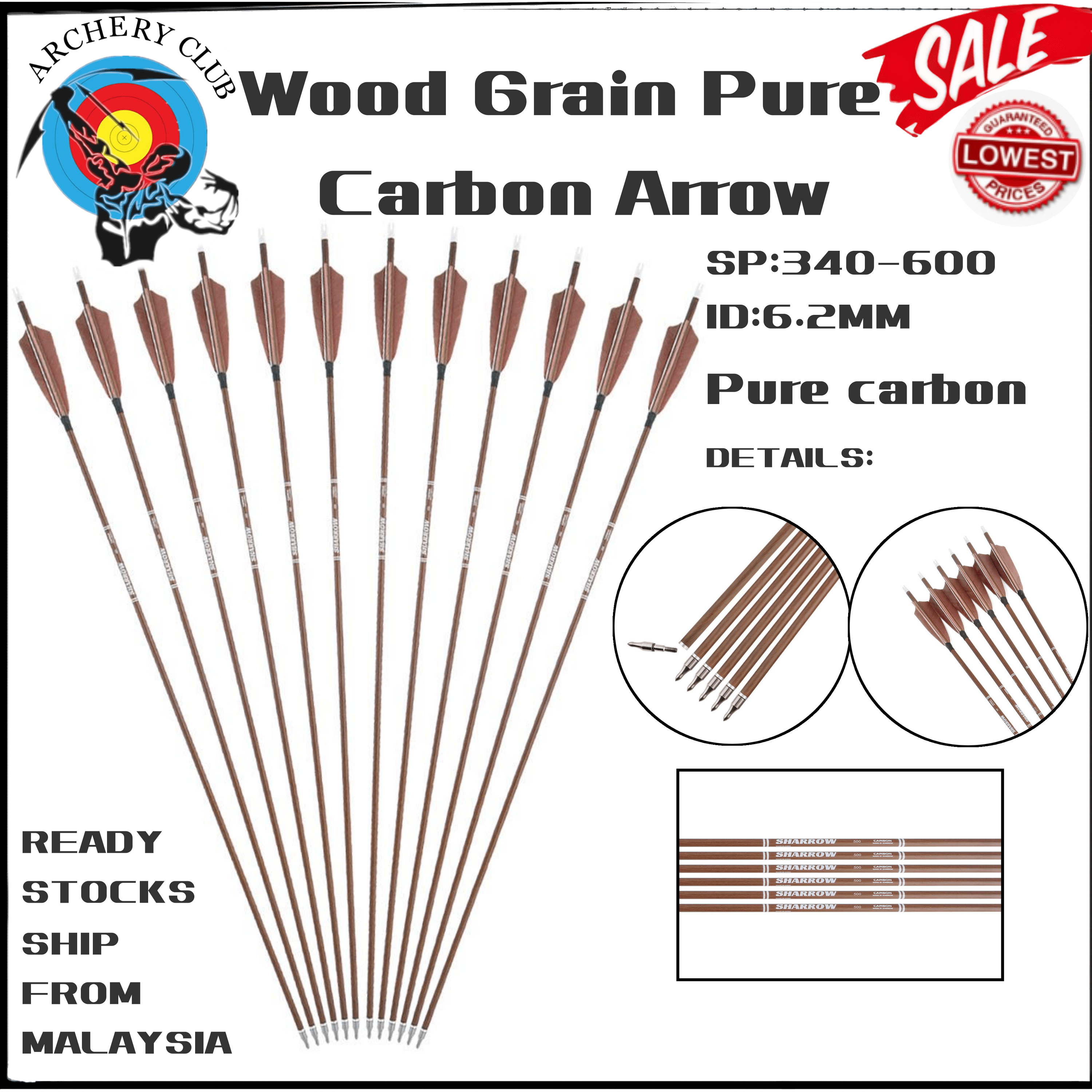 【Delivery Locally】 6pcs Pure Carbon Arrows  Spine 340 400 500 600