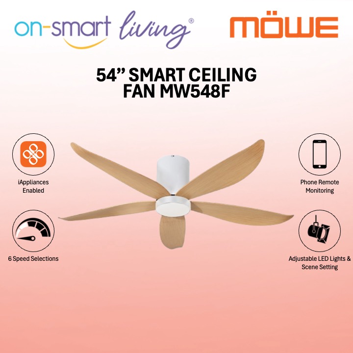 MOWE 54″ Smart Ceiling Fan MW548F - Black, White, Black with Dark Wood, White with Light Wood