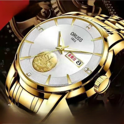 金色一帆風順雙月曆夜光防水男士手錶