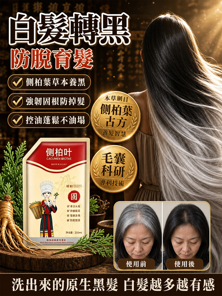 【喚醒毛囊 白髮剋星】告別染髮劑側柏葉養黑防脫洗髮水
