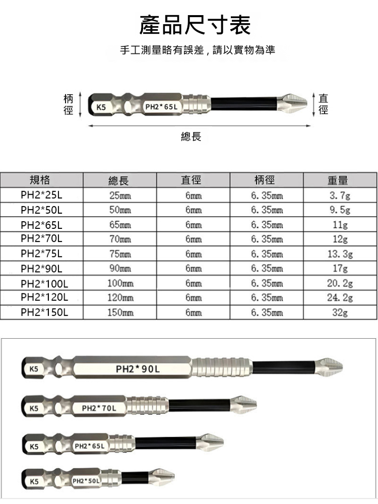 【K5高硬合金強磁抗沖擊防滑批頭】咬合力強不滑牙, 強磁吸附,超硬材質,輕松應對各種螺絲!