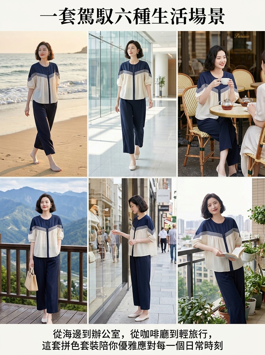 時尚顯瘦夏季拼色女士套裝