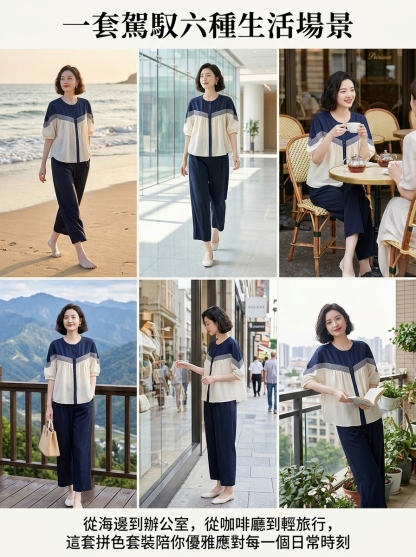 時尚顯瘦夏季拼色女士套裝