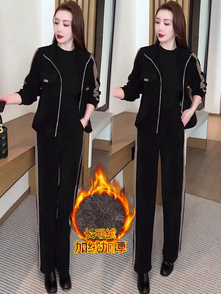 冬季加絨加厚立領條紋女套裝