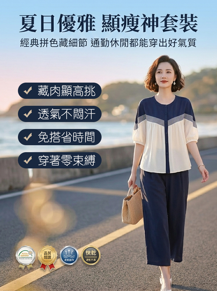時尚顯瘦夏季拼色女士套裝