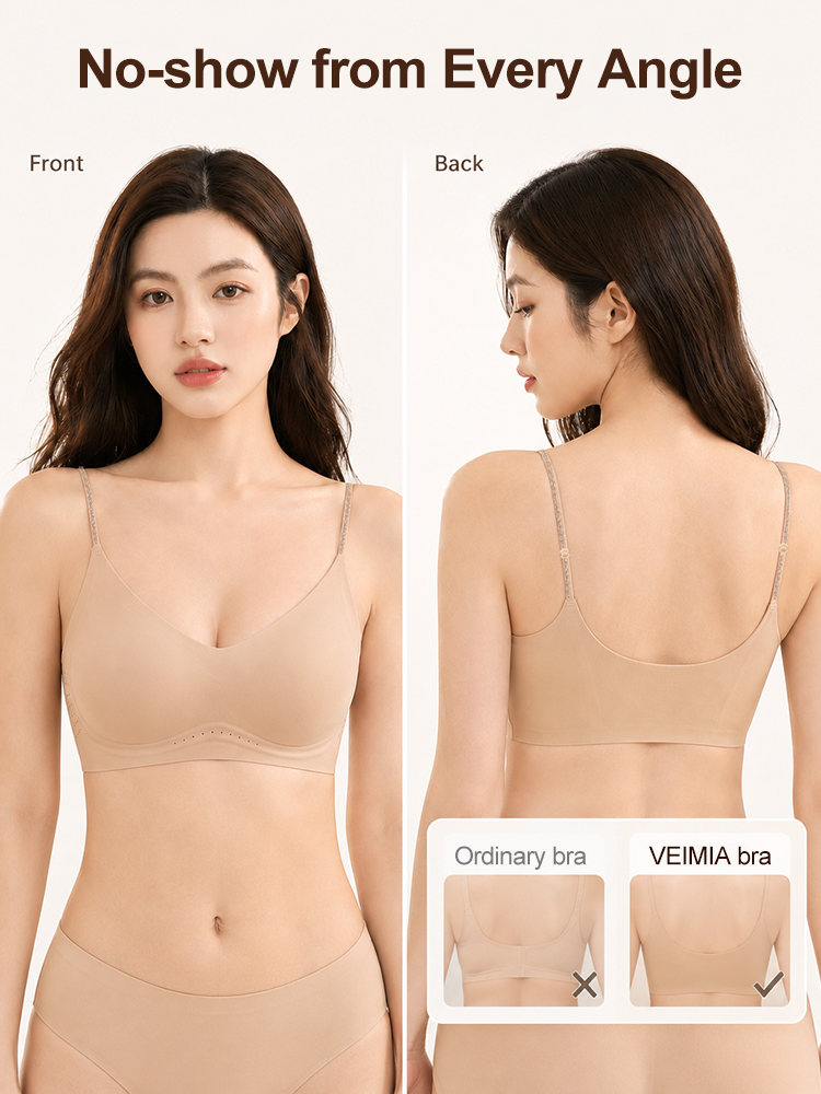 Front and back comparison of beige seamless bra no-show fit VEIMIA