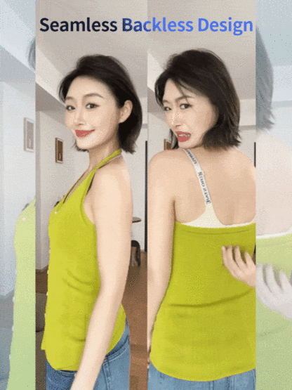 Lifestyle photo showing the seamless backless bra under a lime green tank top, VEIMIA