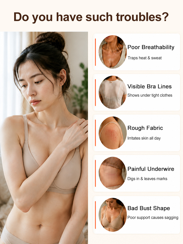 Trouble graphic showing bra lines breathability and underwire discomfort VEIMIA