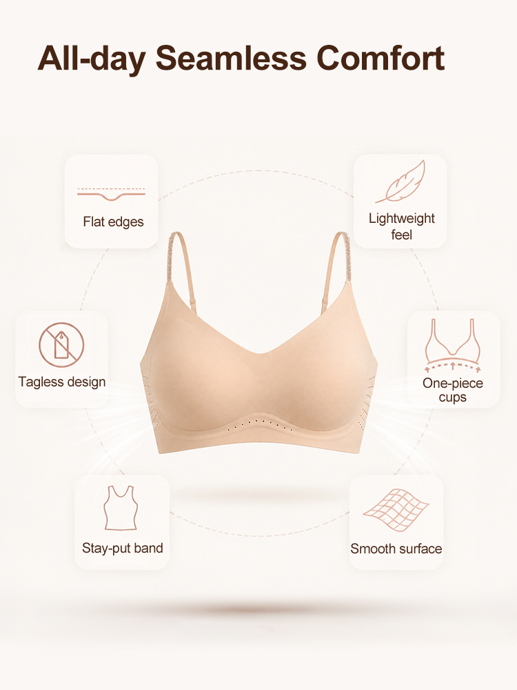 Feature graphic showing beige seamless bra with flat edges and smooth cups VEIMIA