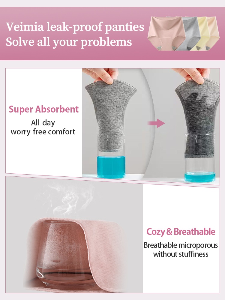 3-5 Pack Secure Period Panties All-day Leak-proof Style, Airy 95% Cotton & Full Coverage VEIMIA