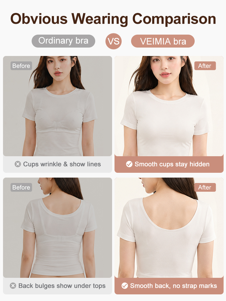 Before and after comparison showing smoother bra fit under white tops VEIMIA