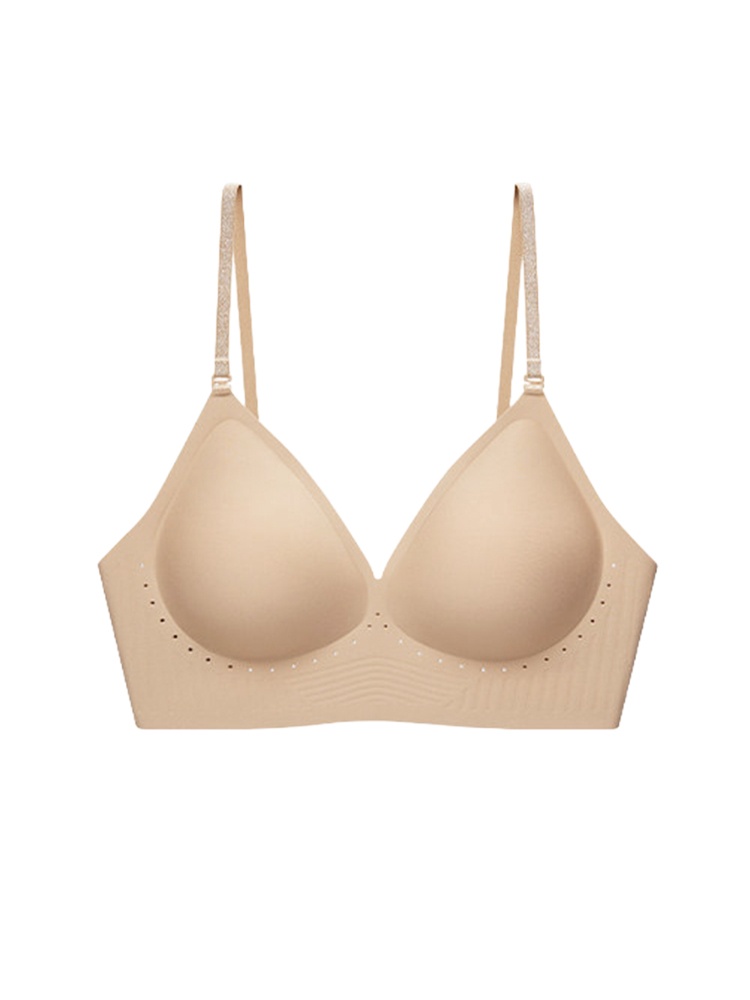 Front view of sand seamless bra with shimmery spaghetti straps on plain background, VEIMIA