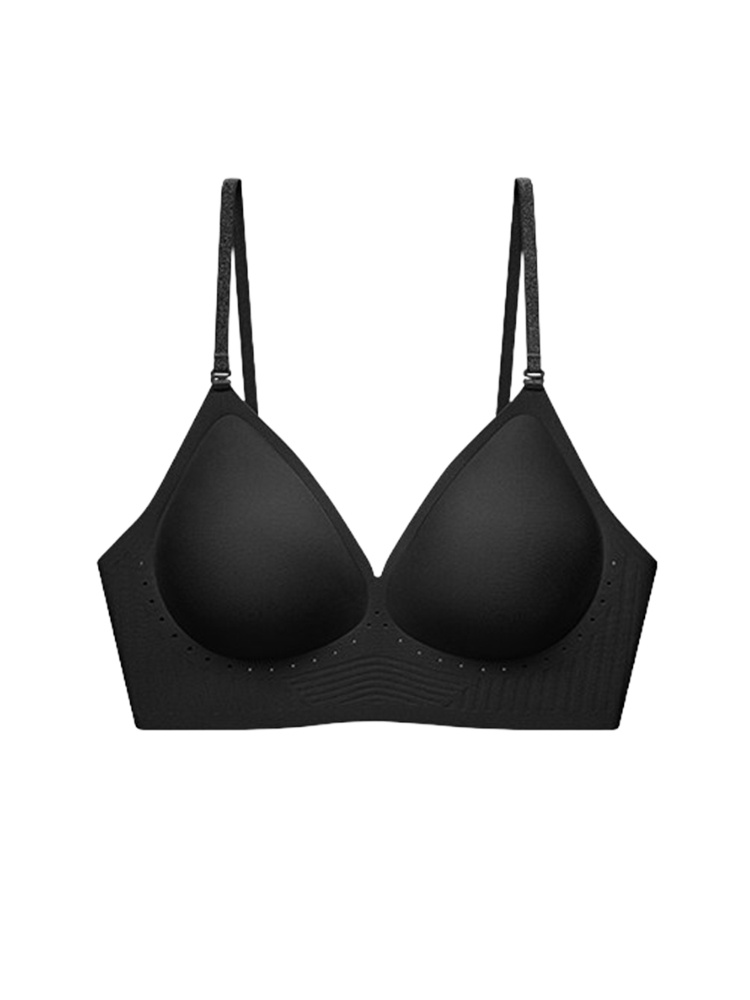 Front view of black seamless bra with shimmery spaghetti straps on plain background, VEIMIA