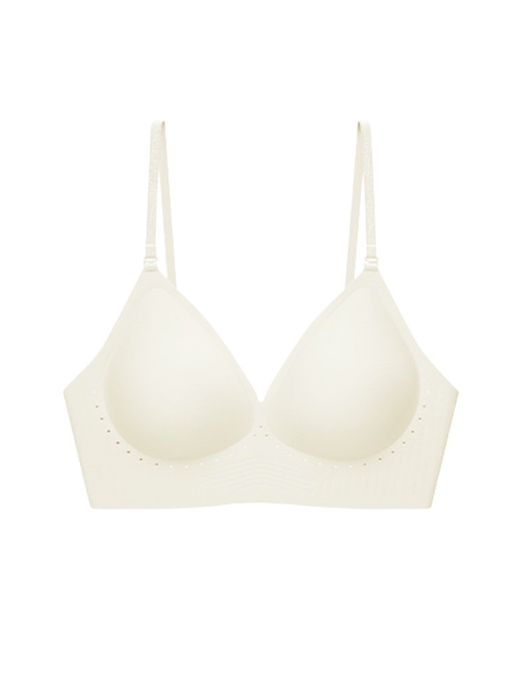 Front view of white seamless bra with spaghetti straps on plain background, VEIMIA