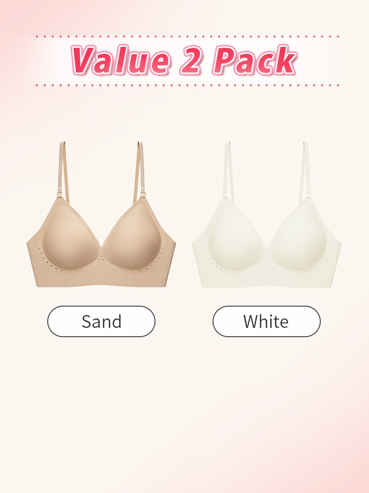 Value 2 pack showing sand and white seamless bras, VEIMIA