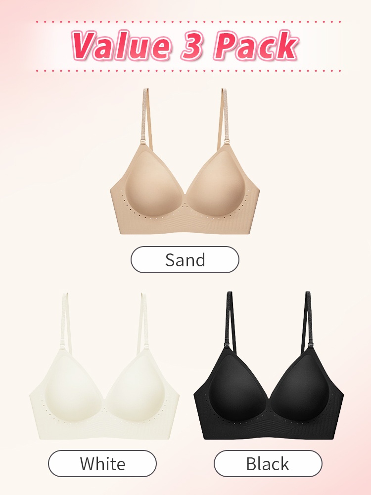 Value 3 pack showing sand, white and black seamless bras, VEIMIA