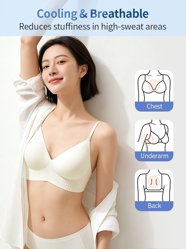 Model wearing a white breathable seamless bra with chest, underarm and back cooling zones shown, VEIMIA