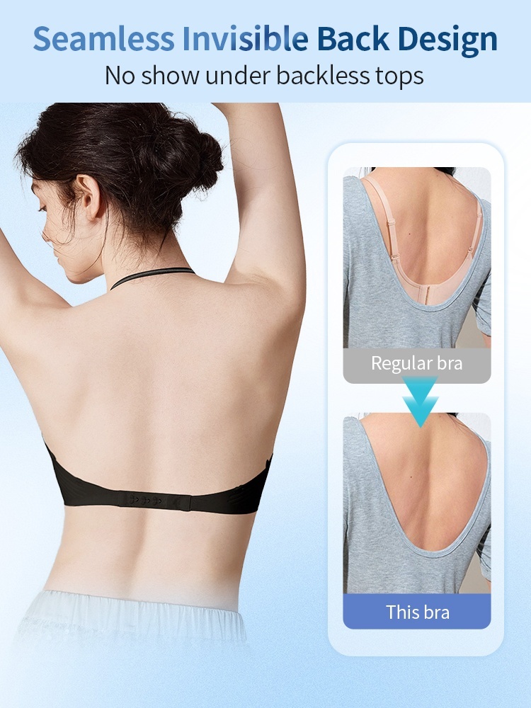 Back view of black seamless bra with invisible low U-back design under backless tops, VEIMIA