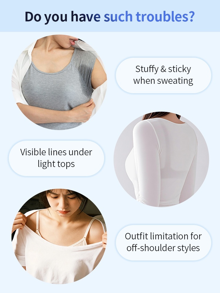 Problem solving graphic showing sweat stains, visible bra lines and outfit limits under light tops, VEIMIA