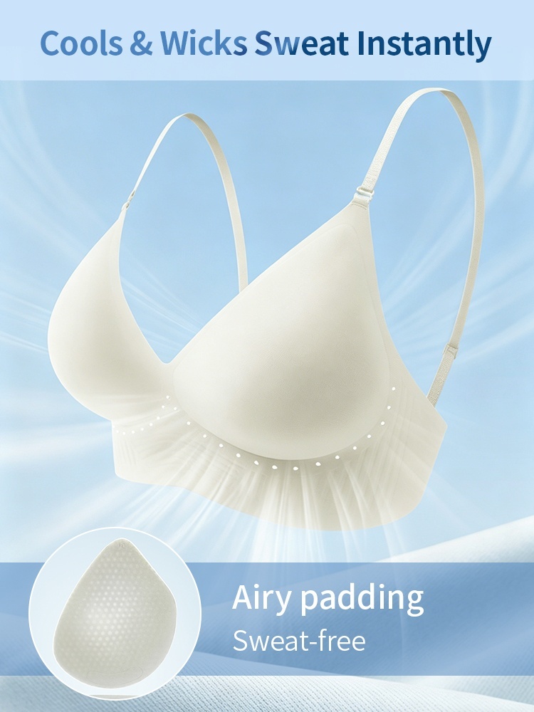 White seamless bra product close-up with airy padding and sweat-wicking cooling feature graphic, VEIMIA