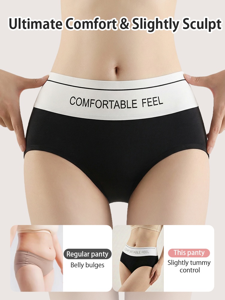 Front view of black high-waist panties on model with light tummy control comparison VEIMIA