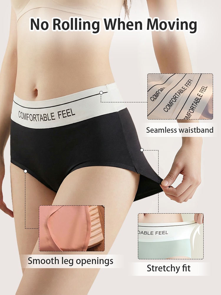 Black seamless panties on model showing no-roll waistband smooth leg openings and stretch VEIMIA