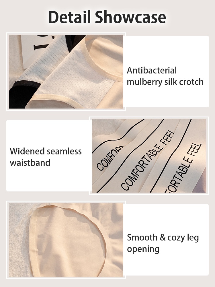 Detail collage showing silk crotch widened waistband and smooth leg opening VEIMIA