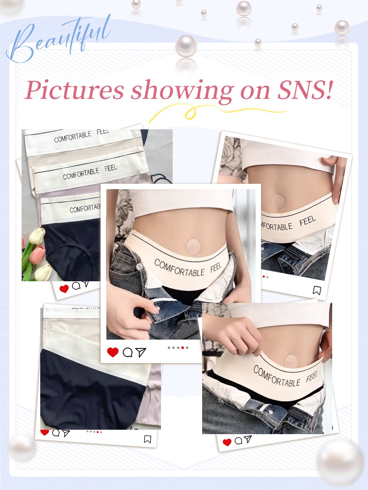 Social style collage of packaged seamless panties and model wearing waistband close-ups VEIMIA