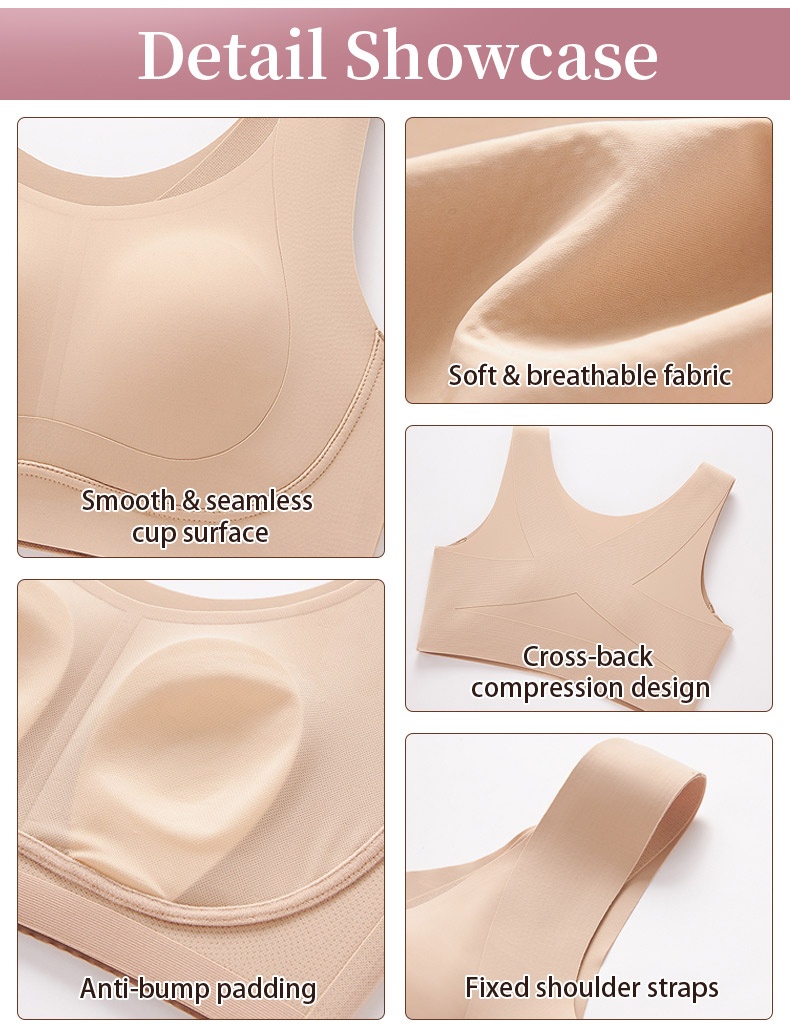 Support infographic showing wide straps, side coverage and back-smoothing design, VEIMIA