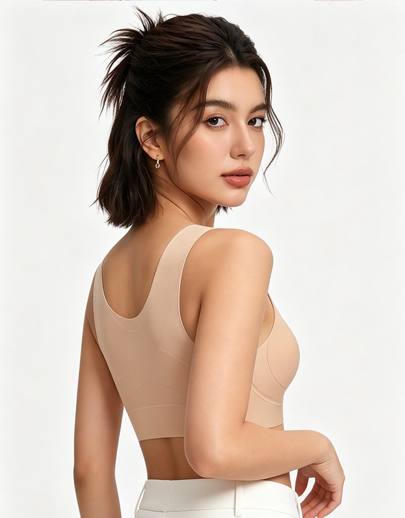 Back view graphic showing flat back support and no visible bra lines, VEIMIA