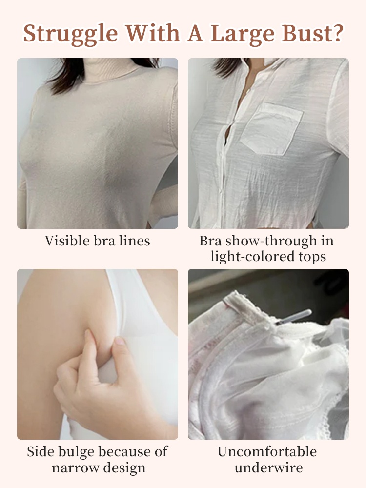 Infographic showing bra problems like visible lines, show-through, side bulge and underwire discomfort, VEIMIA