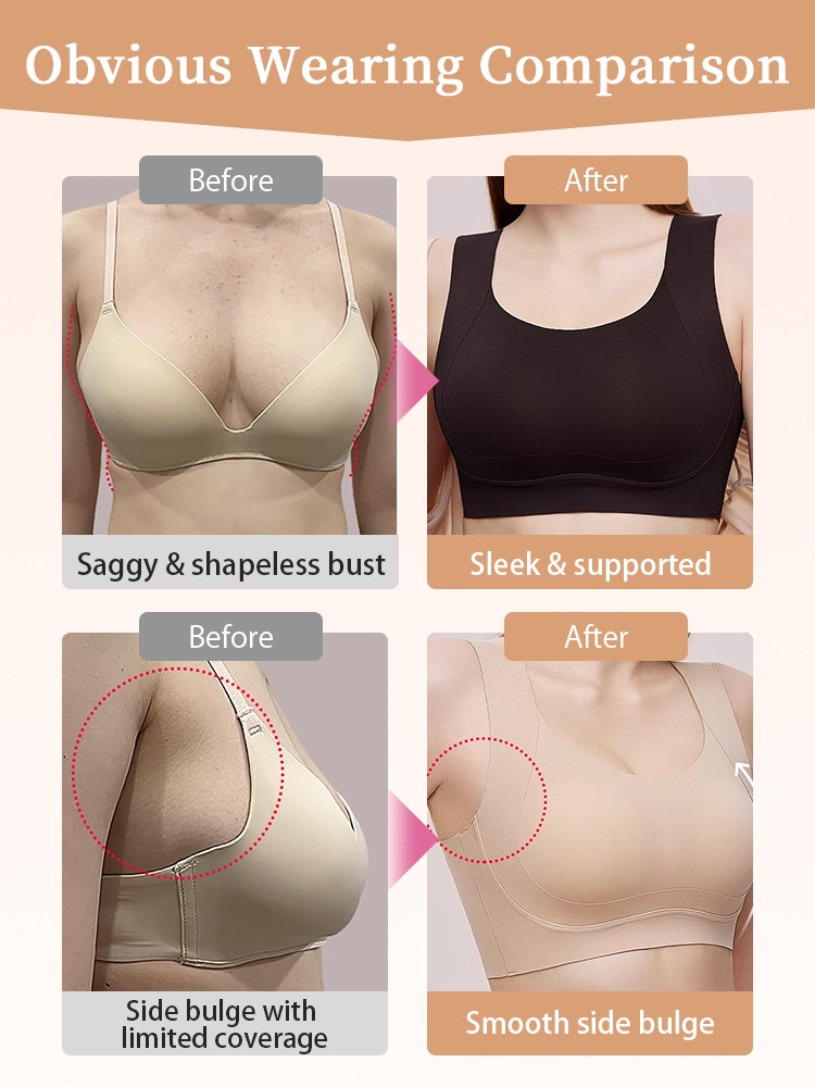 Before-and-after comparison showing smoother lift and reduced side bulge in the minimizing bra, VEIMIA