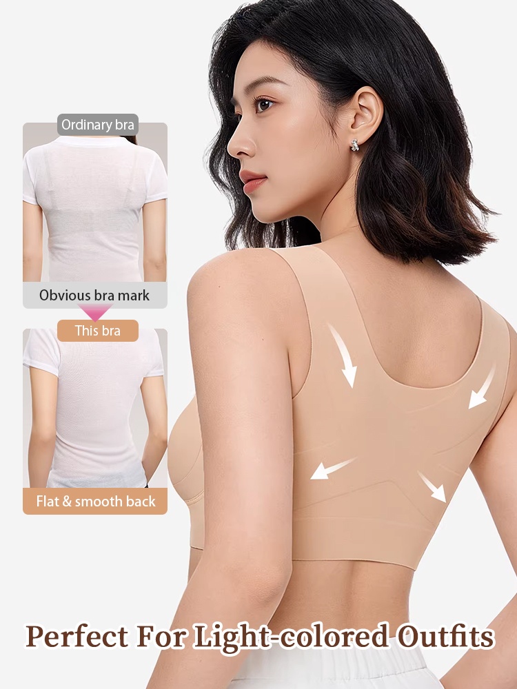 Back view of beige seamless minimizing bra with flat smooth back under light-colored clothing, VEIMIA