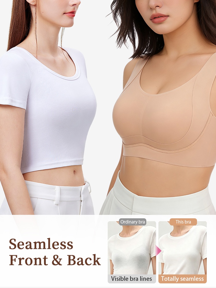 Beige seamless minimizing bra comparison showing invisible front and back under a white top, VEIMIA