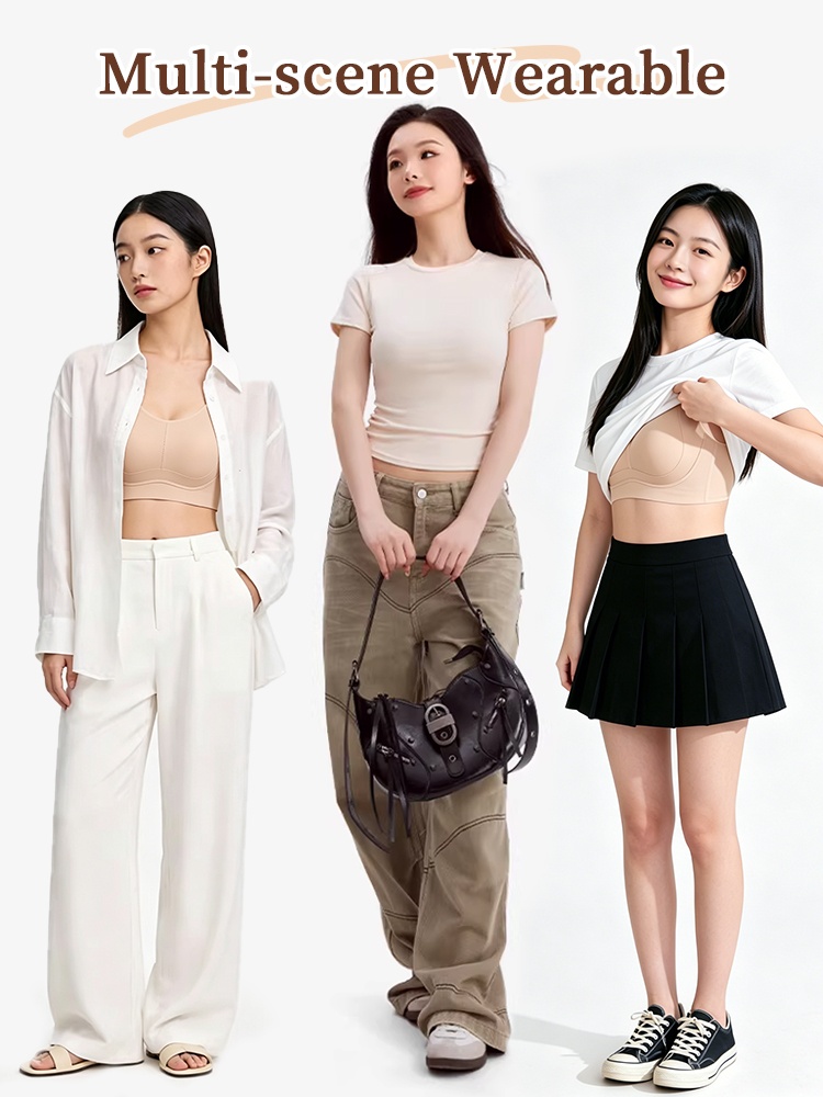Beige seamless minimizing bra styled for office, casual and everyday outfits, VEIMIA