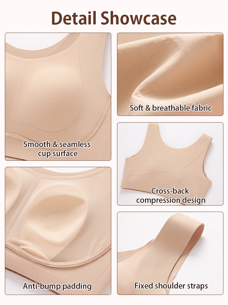 Detail collage of the seamless bra showing smooth cups, breathable fabric, cross-back compression and fixed straps, VEIMIA