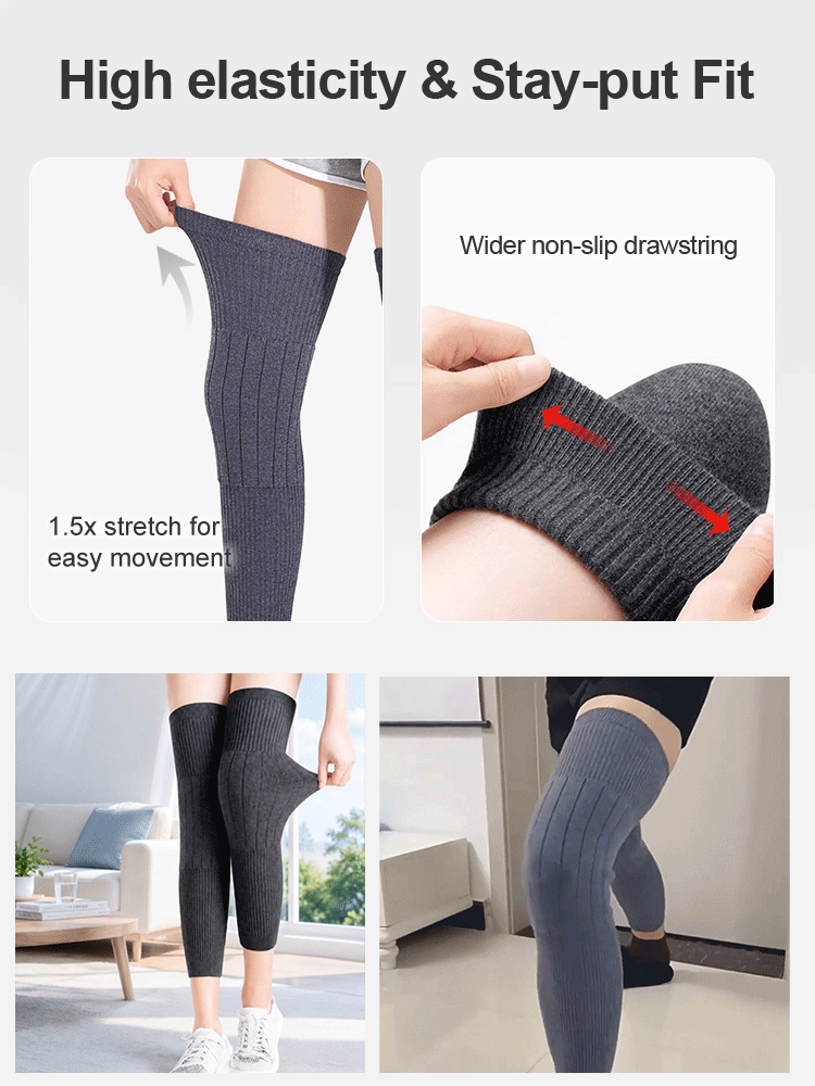 Feature graphic showing high stretch and stay-put cuffs on gray knee sleeves VEIMIA