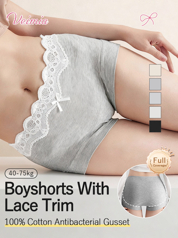3-7 Pack Stylish Cotton Panties Boyshorts Design With Lace Trim, Antibacterial Protection & Comfort Feel VEIMIA