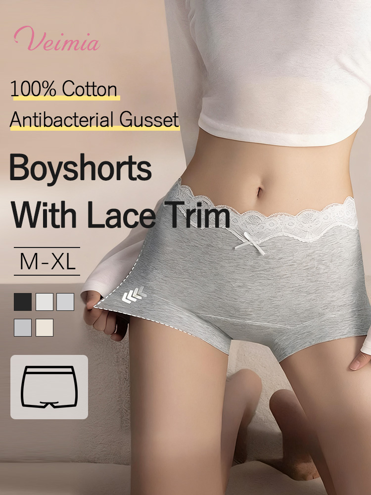 3-7 Pack Stylish Cotton Panties Boyshorts Design With Lace Trim, Antibacterial Protection & Comfort Feel VEIMIA
