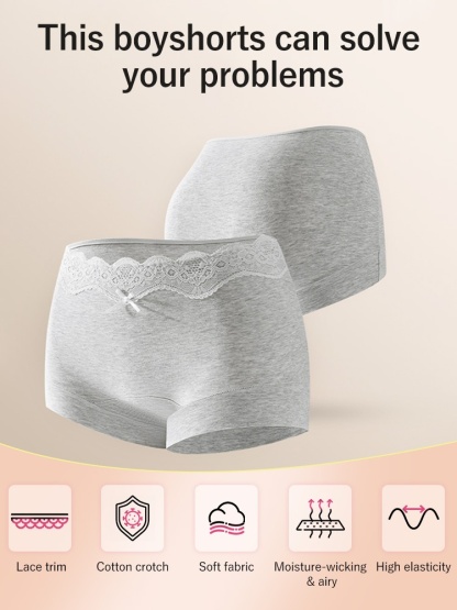 3-7 Packs Stylish Cotton Panties Boyshorts Design With Lace Trims, Secure Antibacterial Protection & Comfort Feel VEIMIA