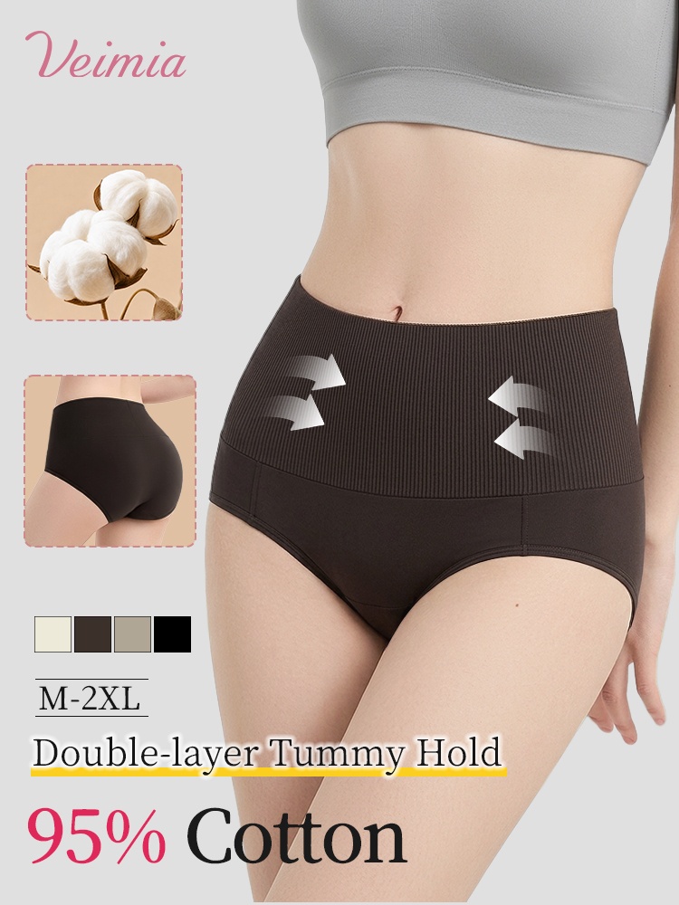 Model wearing brown high waist cotton panties with double-layer ribbed tummy panel VEIMIA