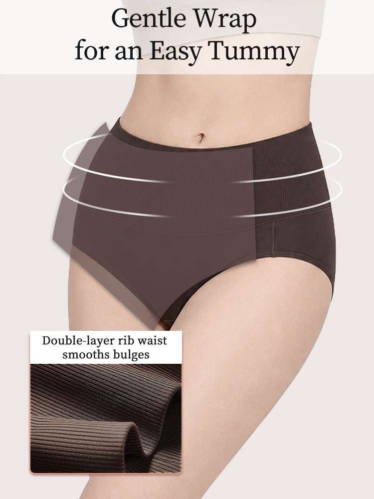 Model wearing brown high waist panties with double-layer ribbed waistband VEIMIA