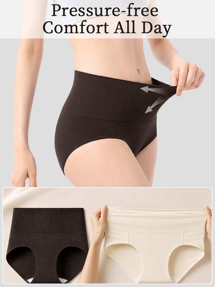 Model stretching brown high waist panty waistband beside brown and ivory product views VEIMIA