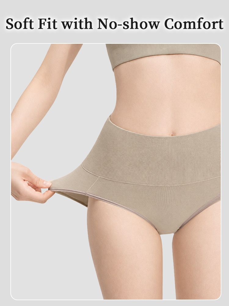 Model stretching light brown high waist panties with wide ribbed waistband VEIMIA