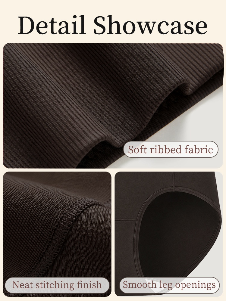 Detail showcase of brown ribbed fabric neat stitching and smooth leg openings VEIMIA