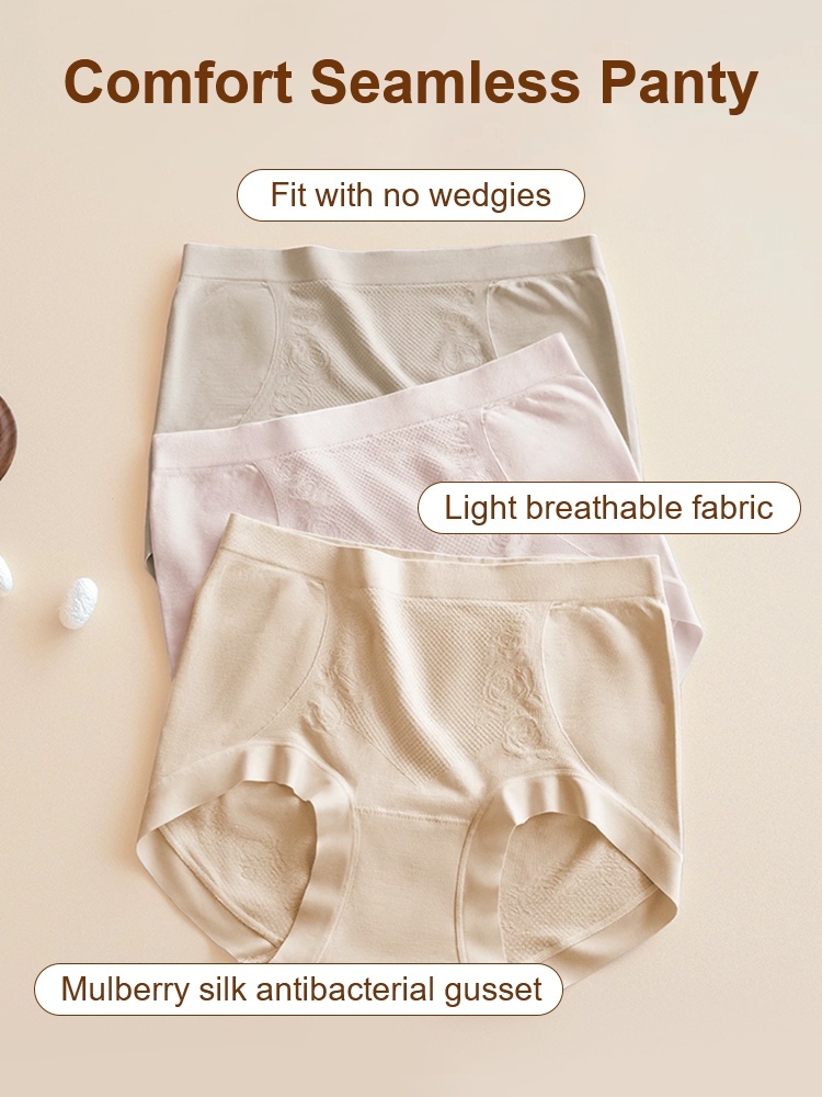 Feature graphic showing three seamless panties with breathable fabric and silk gusset VEIMIA